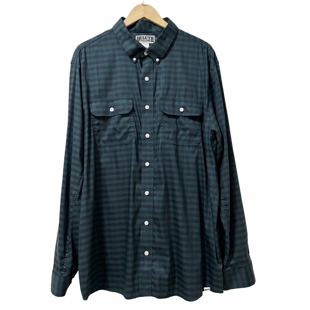 Duluth Trading Co Mens Untucked Length Plaid Button Up Shirt Size XL TALL Green